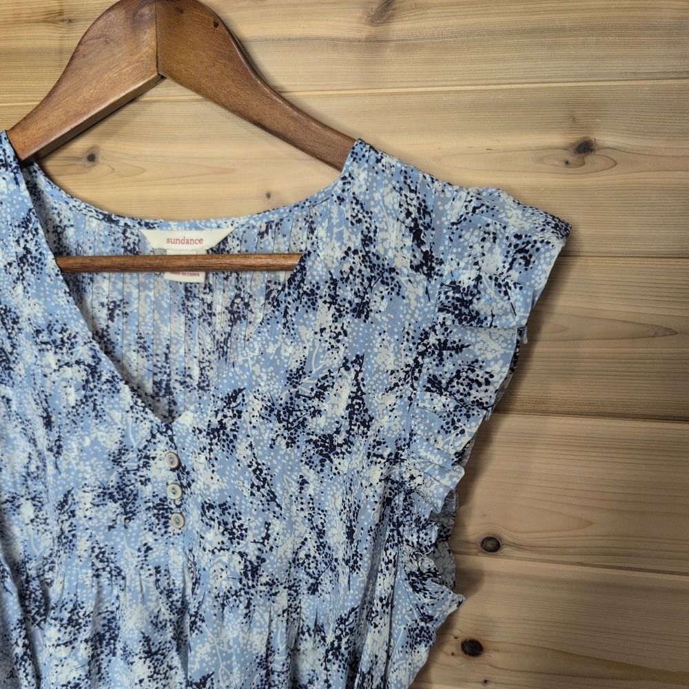 Sundance Blue White Floral 100% Silk Ruffle Cap Sleeve Tie Waist Blouse Medium - Picture 2 of 10